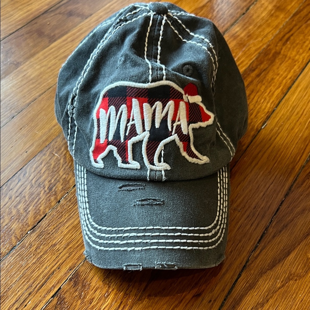 Gray Distressed Cap with “Mama” Bear Design